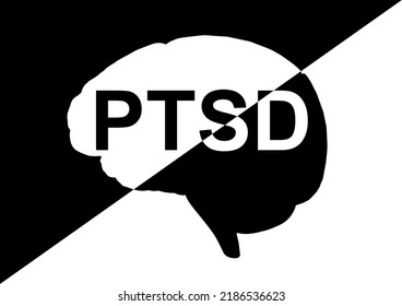 PTSD Lettering Post Traumatic Stress Disorder On Illustration With Brain. Medicine Concept