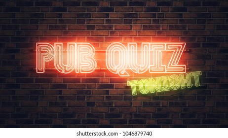 Pub Quiz Neon Sign Mounted On Brick Wall, 3d Rendering Illustration