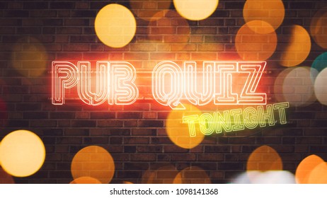 Pub Quiz Neon Sign Mounted On Brick Wall, 3d Rendering Illustration