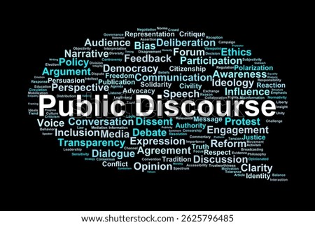 Public Discourse word cloud. Key terms defining civic expression, democratic dialogue, and modern communication issues.