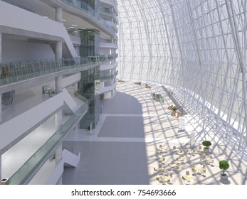 Public interior atrium. 3D render.