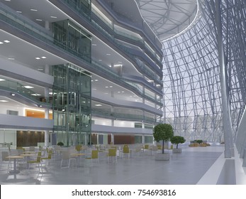 Public Interior Atrium. 3D Render.