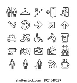 Public Navigation Signs Black Thin Line Icon Set Include of Arrow, Toilet, Elevator and Restaurant. illustration of Icons