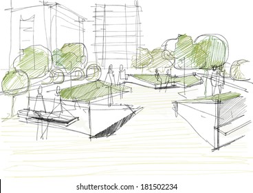 Public Park With People Architectural Sketch