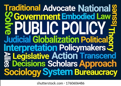 Public Policy Word Cloud auf blauem Hintergrund
