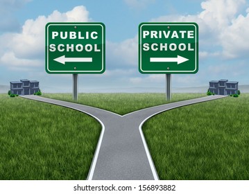 Public And Private School Choice Education Concept As A Crossroads Street  With Two Opposite Road Or Highway Signs Leading To Buildings As An Icon Of Choosing Places For Educating Children.