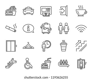 Public Services Line Icons. Set Of Elevator, Cloakroom And Taxi Signs. Exit, ATM And Escalator Symbols. Wifi, Lift And Restaurant Food. Information, Coffee And Smoking. Quality Design Element. 