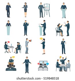 Public Speaking Skills Flat Icons Collection With Conference Presentation Visual Aid And Training Abstract Isolated Illustration 