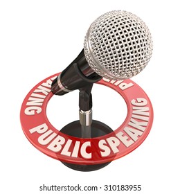 Public Speaking Words In Red Ring Around A Microphone To Illustrate A Keynote Speaker Giving A Speech Or Address To An Audience Or Crowd At A Meeting Or Gathering