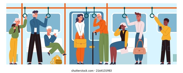 Public transport, subway passengers in underground metro train. City transportation passengers inside subway train  illustration set. Urban public transportation. Young and elderly people