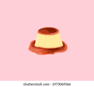 Pudding Topped With Caramel And Pink Background.