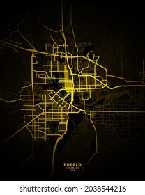 Pueblo, Colorado, United States City Map - Pueblo City Gold Map Poster Wall Art - Pueblo City In United States Art Print
