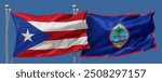 Puerto Rico flag and Guam flag on a blue sky background, banner 3D Illustration