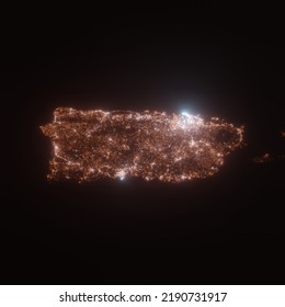 Puerto Rico Street Lights Map. Satellite View On Island At Night. Imitation Of Aerial View On Roads Network. 3d Render, High Resolution