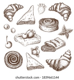 Puff Pastries Sketch Collection Isolated On White. Pastry With Berries Pencil Drawing In Vintage Engraved Style. Puff Cakes, Buns, Patty, Croissants, Turnovers, Pie. Baking Clipart For Menu Design