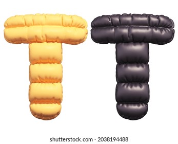 Puffer font. Yellow and Black. Letter T. 3d rendering