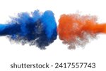 Puffs of blue and red smoke collide against a white background. 3d illustration. . 3D Illustration