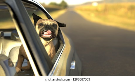 Pug Dog In Backseat Car Window With Twisted Tongue 3d Illustration