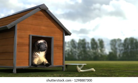 Pug Dog Lying In Doghouse On Grass Nature With Bone And Bowl 3d Illustration