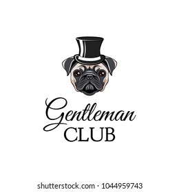 Pug dog wearing in top hat. Gentleman club.  illustration isolated on white background.