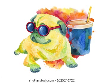 Pug in fashion sunglasses is sunbathing, next to it is a glass with a refreshing, invigorating drink with a straw, painted in watercolor