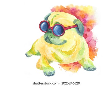 Pug in fashionable sunglasses, painted with watercolors