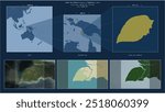 Pulau Yos Sudarso in the Arafura Sea - belonging to Indonesia. Described location diagram with yellow shape of the island and sample maps of its surroundings