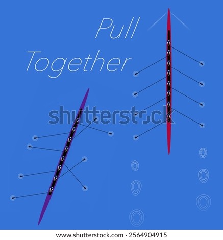 Pull together. An eight man rowing crew works together to achieve their goal in an illustration about teamwork.