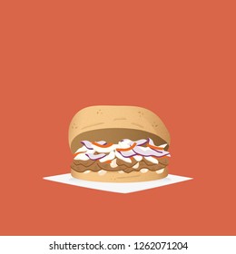 Pulled Pork Sandwich Illustration. Bun Of Bread With Pulled Pork Meat, Onion Carrot And White Sauce. Isolated On Brown Background.