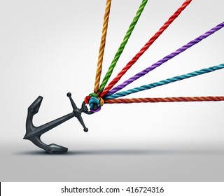 Pulling together community cooperation concept as a group of ropes that work together to pull on a heavy anchor as a metaphor for social teamwork success with 3D illustration elements.