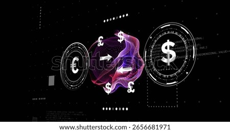 Pulsating mesh orb floating on digital finance interface, with orbiting currency symbols and arrows. Finance, digital, technology, animation, cybersecurity, data visualization, currency exchange