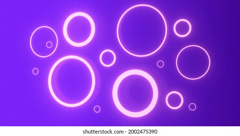 Pulsating Pink Neon Rings In Various Sizes Glowing On Purple Background. Energy, Electricity, Luminosity, Colour And Movement Concept, Digitally Generated Image.