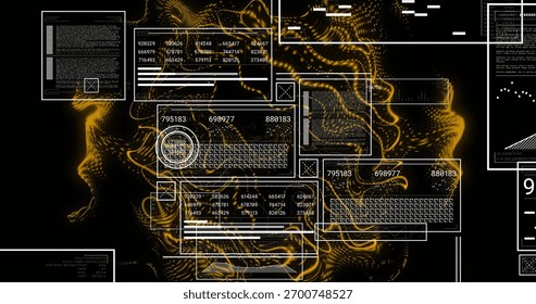 Pulsing central data cluster showing white-outlined UI windows in virtual panel, with golden waves. Gold, interface, visualization, glitch, particles, grid, matrix