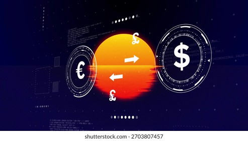 Pulsing central orange orb animating in digital finance HUD, showing currency icons and arrows. Neon, futuristic, sphere, glowing, radar, dashboard, data