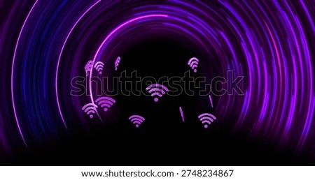 Pulsing dark void framed by concentric purple rings in virtual tunnel, pulling Wi-Fi symbols inward. Neon, circles, network, futuristic, abstract, magenta, blue