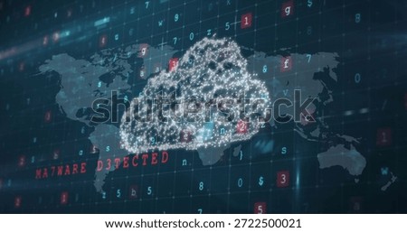 Pulsing glowing cloud network over virtual dashboard, showing MALWARE DETECTED with world map grid. Cybersecurity, threat, monitoring, telemetry, analytics, holographic, neon