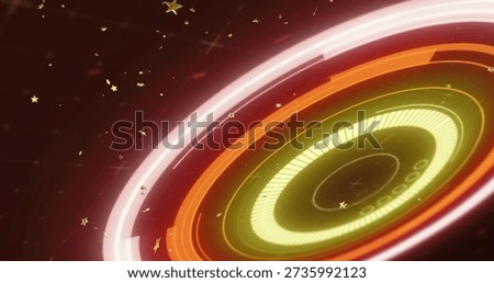 Pulsing large concentric circular interface occupying right side at grid plane, showing neon rings. Futuristic, hud, display, glow, orbital, bands, progress