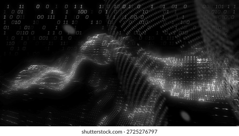Pulsing wavy data surface rising and falling in digital landscape, with binary digits and nodes. Monochrome, abstract, futuristic, 3d, mesh, grid, glyphs