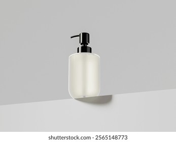 Pump bottle mockup, translucent pump dispenser bottle in low ankle shot, empty design frosted plastic cylindrical body wash packaging mockup, cosmetic liquids contributor, personal care product