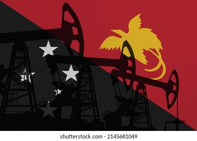 Pump- Jacks On Background In Colors Of National Flag. Oil And Gas Wells Production Concept. Papua New Guinea