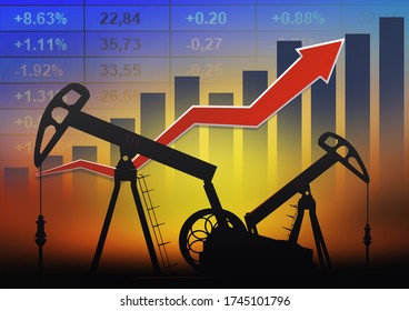 Pumpjacks On Background Of Bar Graph With Arrow Going Up. 3D Render.