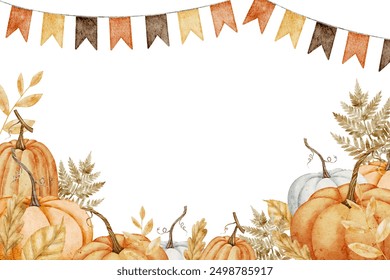 Pumpkin Banner watercolor illustration. Drawing of autumn frame with garlands and guards on isolated background for Harvest festival or Halloween greeting cards. Border with fall leaves with pennants. - Powered by Shutterstock