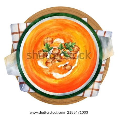 Pumpkin and carrot soup with cream and parsley. Top view. Hand-drawn watercolor illustration. Suitable for menus and cookbook, restaurant 