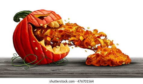 Pumpkin character as a halloween orange squash vegetable and scary jack o lantern icon vomiting seeds and pulp as a symbol for fall and autumn festive communication with 3D illustration elements.