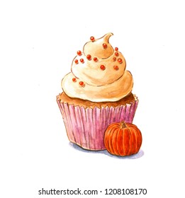 Pumpkin Cupcake Watercolor Illustration