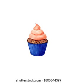 Pumpkin Cupcake Watercolor Illustration On White Background