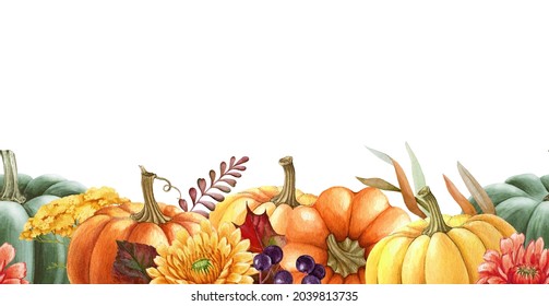 Pumpkin floral seamless border. Watercolor illustration. Hand drawn seamless border from autumn flowers, pumpkins, leaves. Bright thanksgiving harvest decor. Fall season decoration. White background