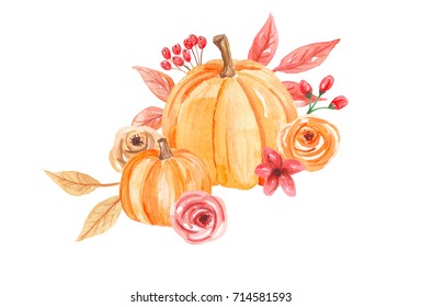 Pumpkin Floral Watercolor Autumn Fall Hand Painted Arrangement 