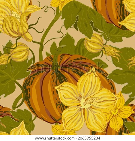 Pumpkin flowers seamless pattern. Surface design for fabric, wallpaper, wrapping paper, scrapbooking, invitation cards. Saturated yellow, orange, green and beige color.