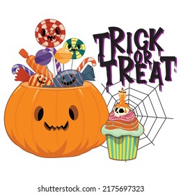 Pumpkin graphics giving out candy and cupcake, trick or treat on Halloween on white background.
